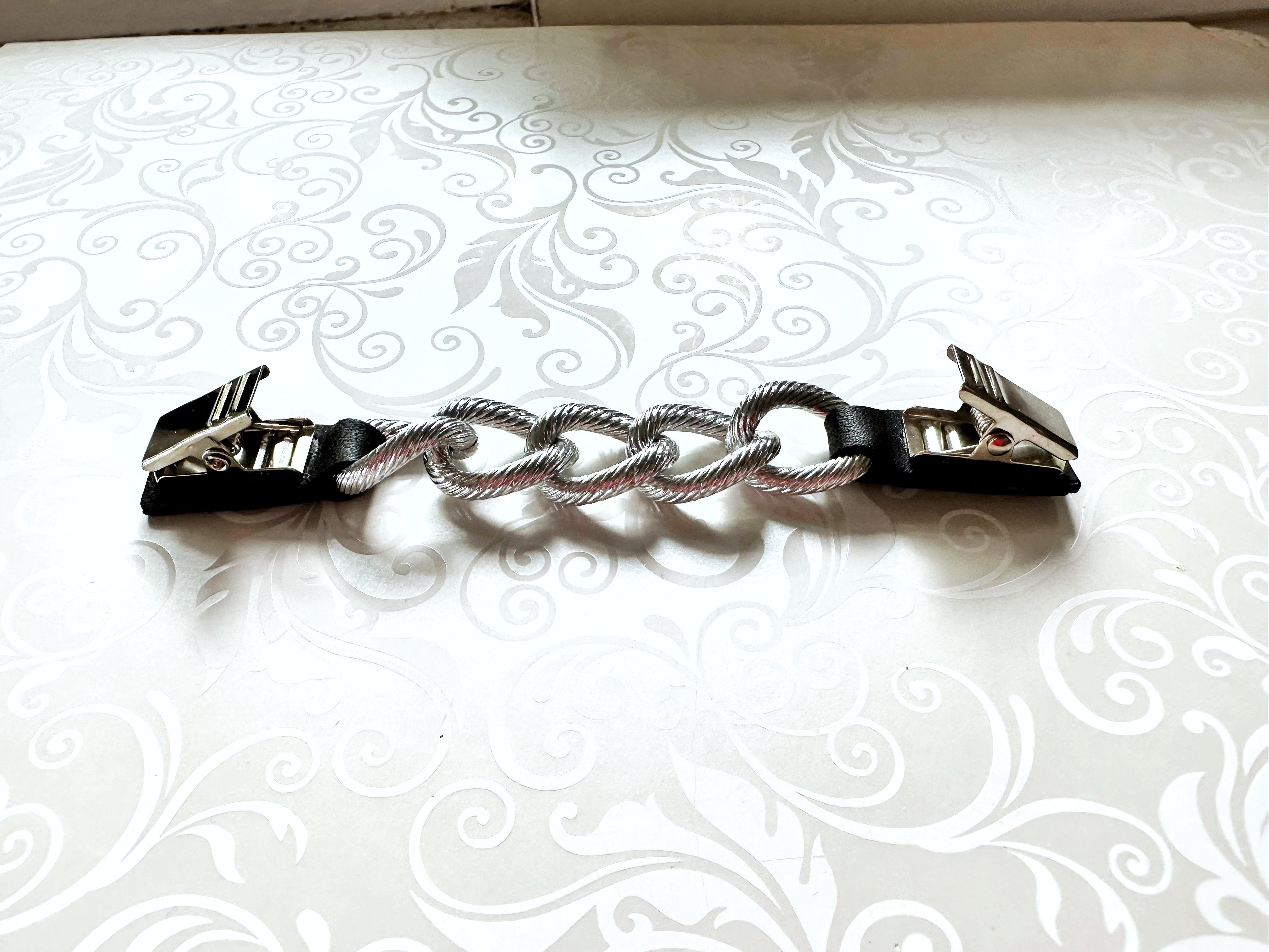 Silver Chain & Black Leather Cinch Clip