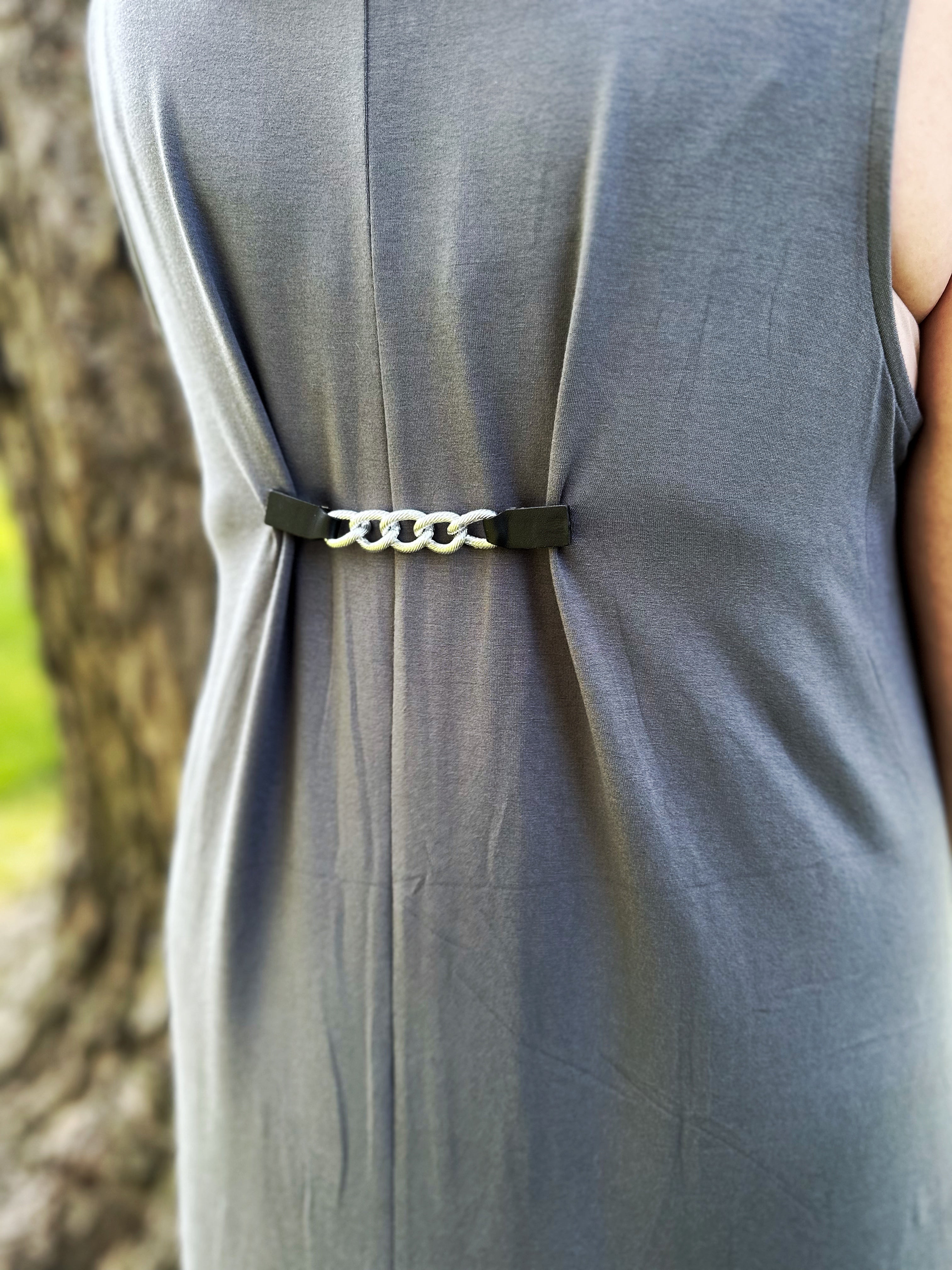 Silver Chain & Black Leather Cinch Clip