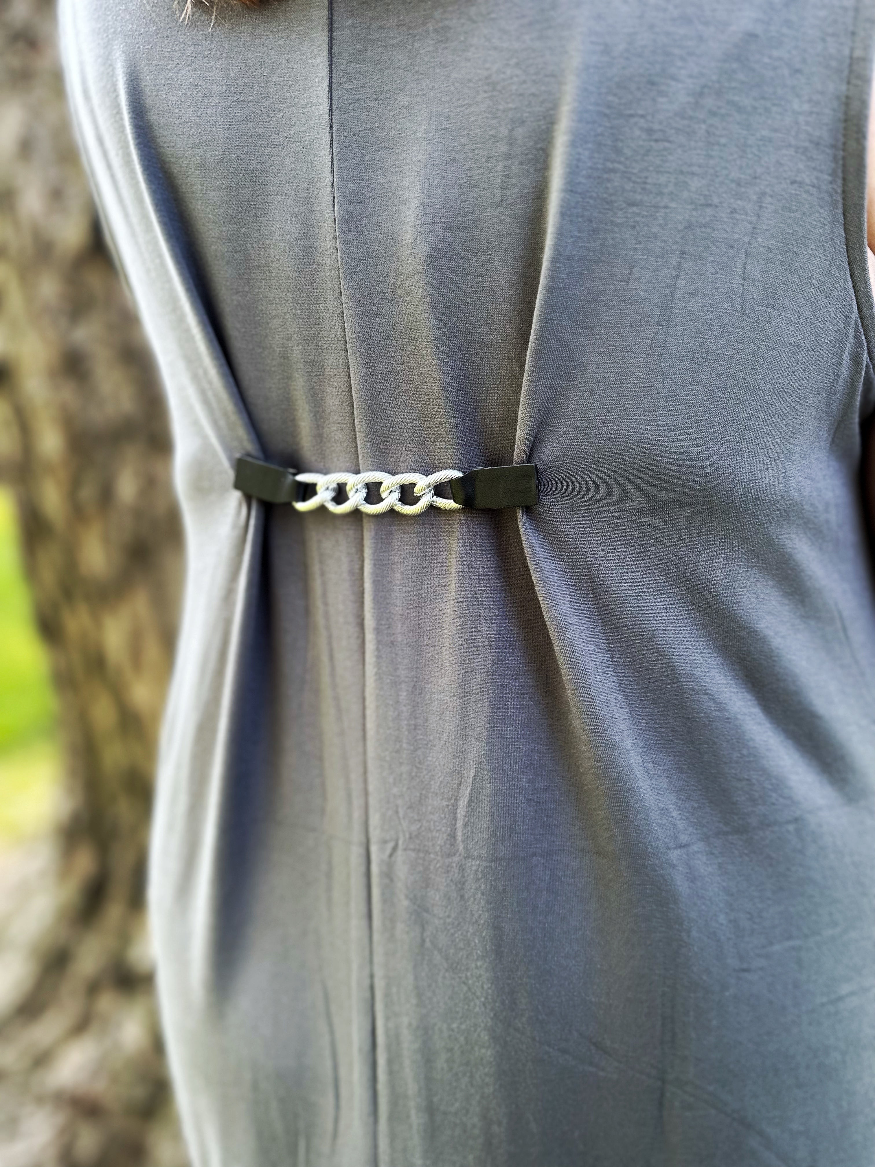 Silver Chain & Black Leather Cinch Clip