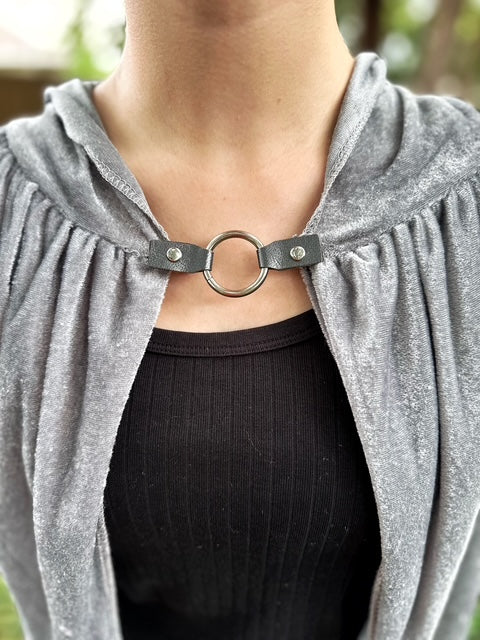Silver O-Ring w/ Studded Gray Leather