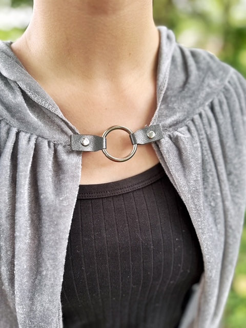 Silver O-Ring w/ Studded Gray Leather