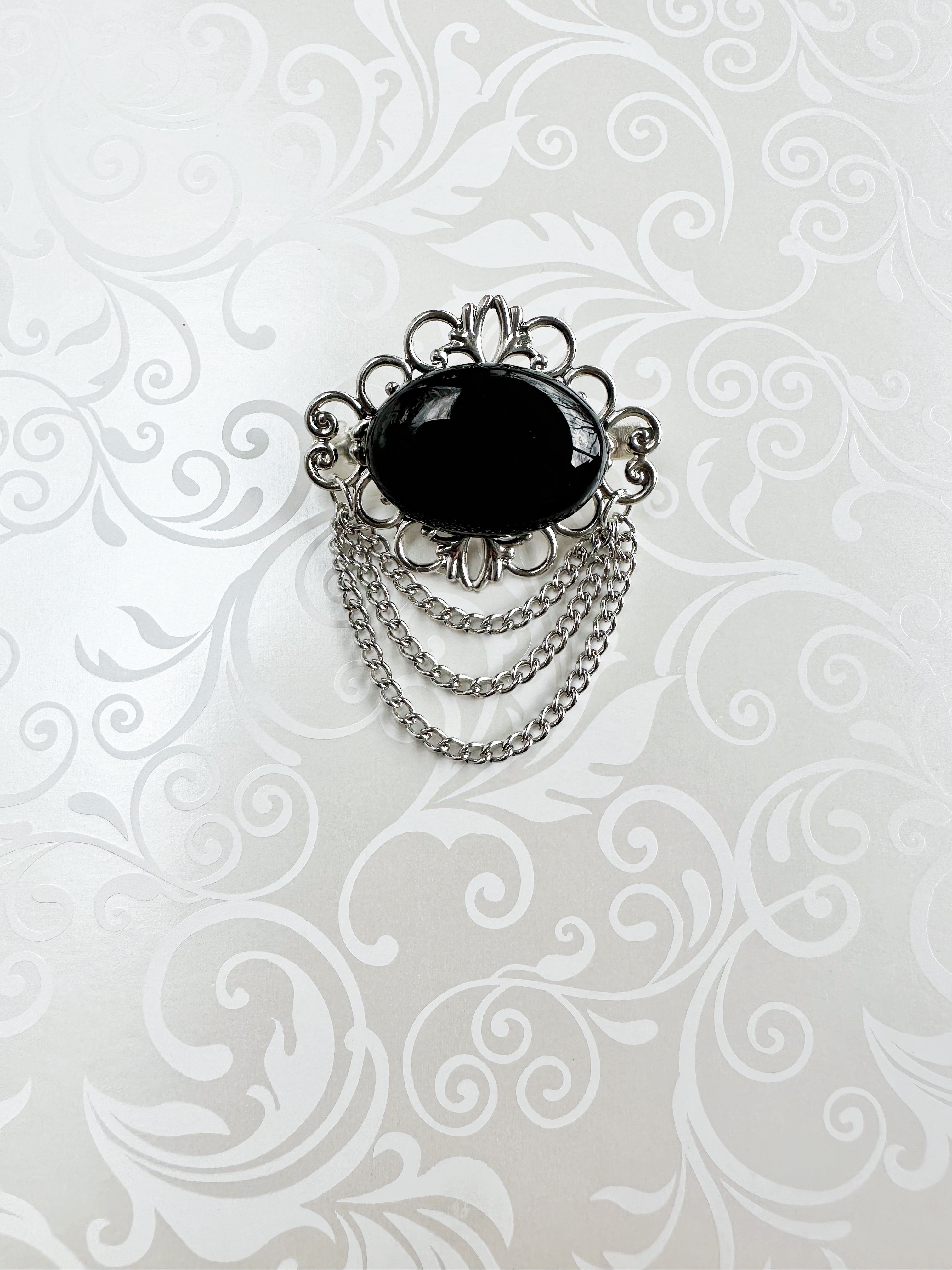 KardiPin - Black Obsidian & Silver Brooch w/ Chain Drape