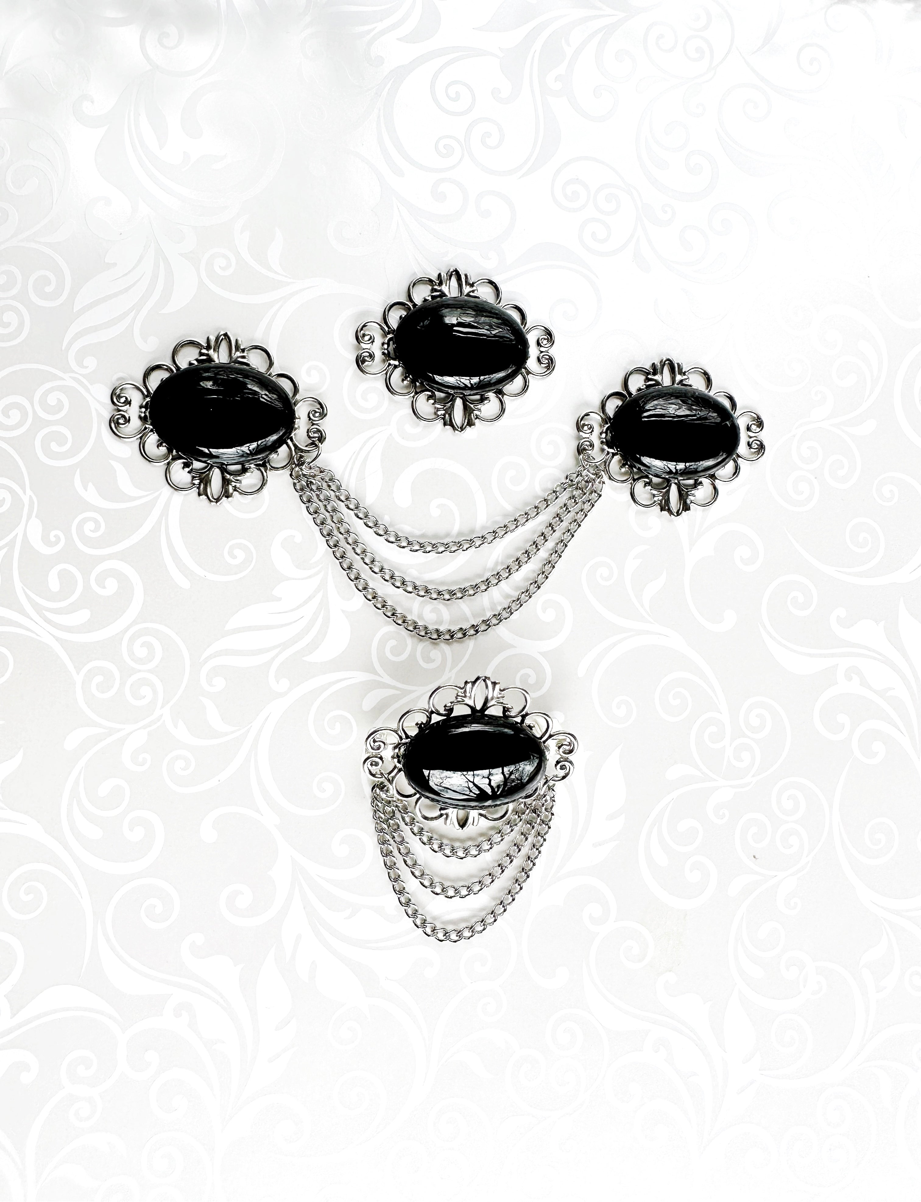 KardiPin - Black Obsidian & Silver Brooch w/ Chain Drape