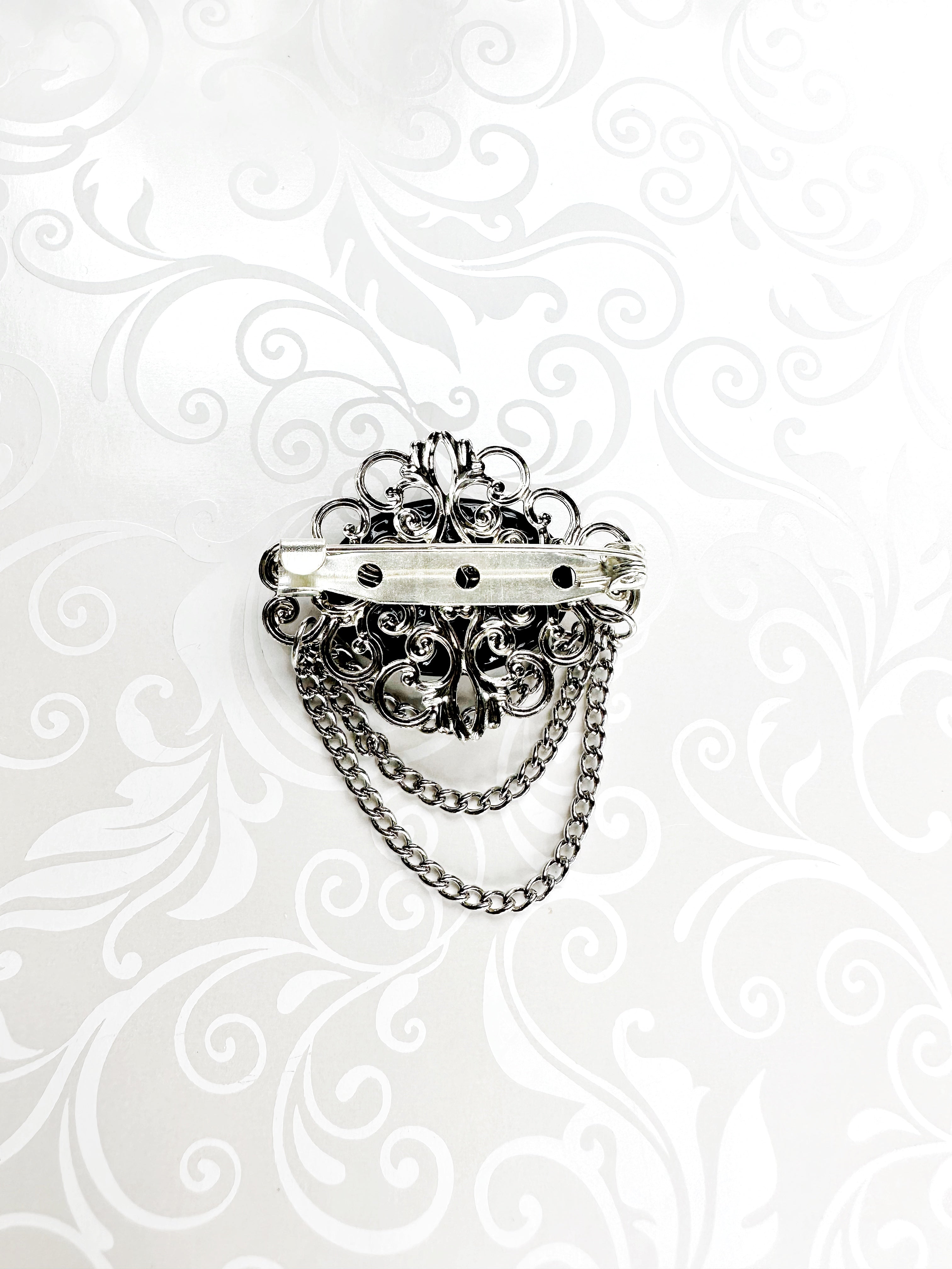 KardiPin - Black Obsidian & Silver Brooch w/ Chain Drape