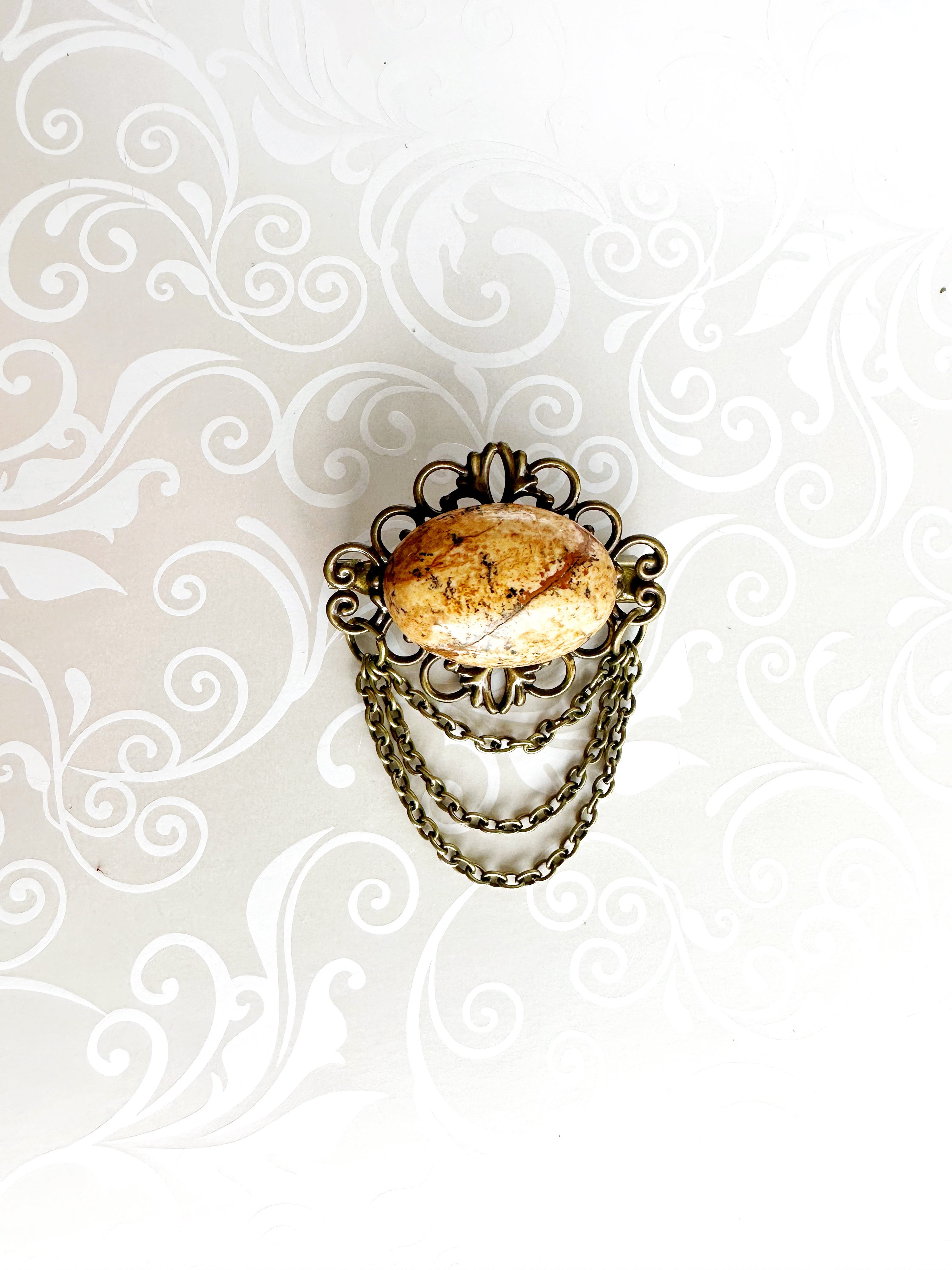 KardiPin - Sandstone & Bronze Brooch w/ Chain Drape