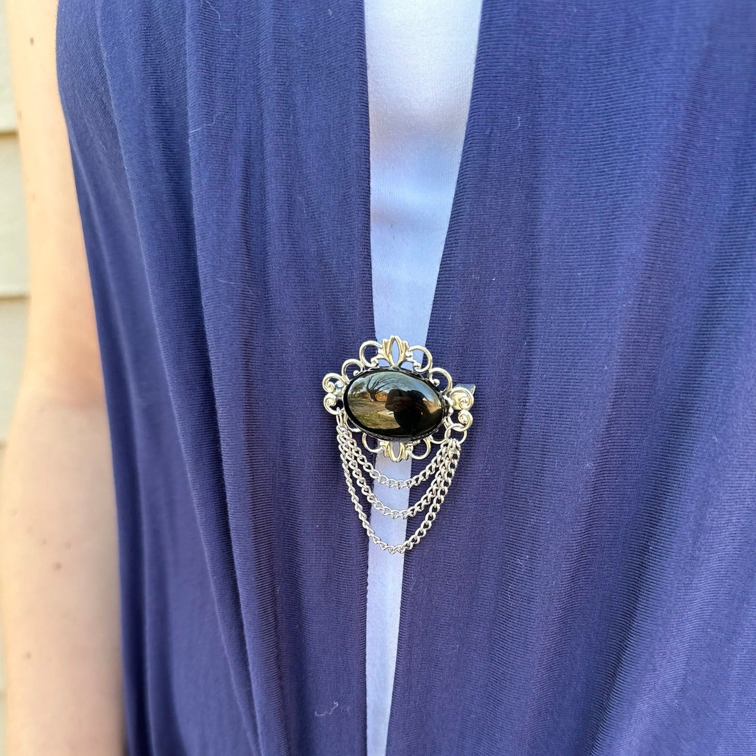 KardiPin - Black Obsidian & Silver Brooch w/ Chain Drape