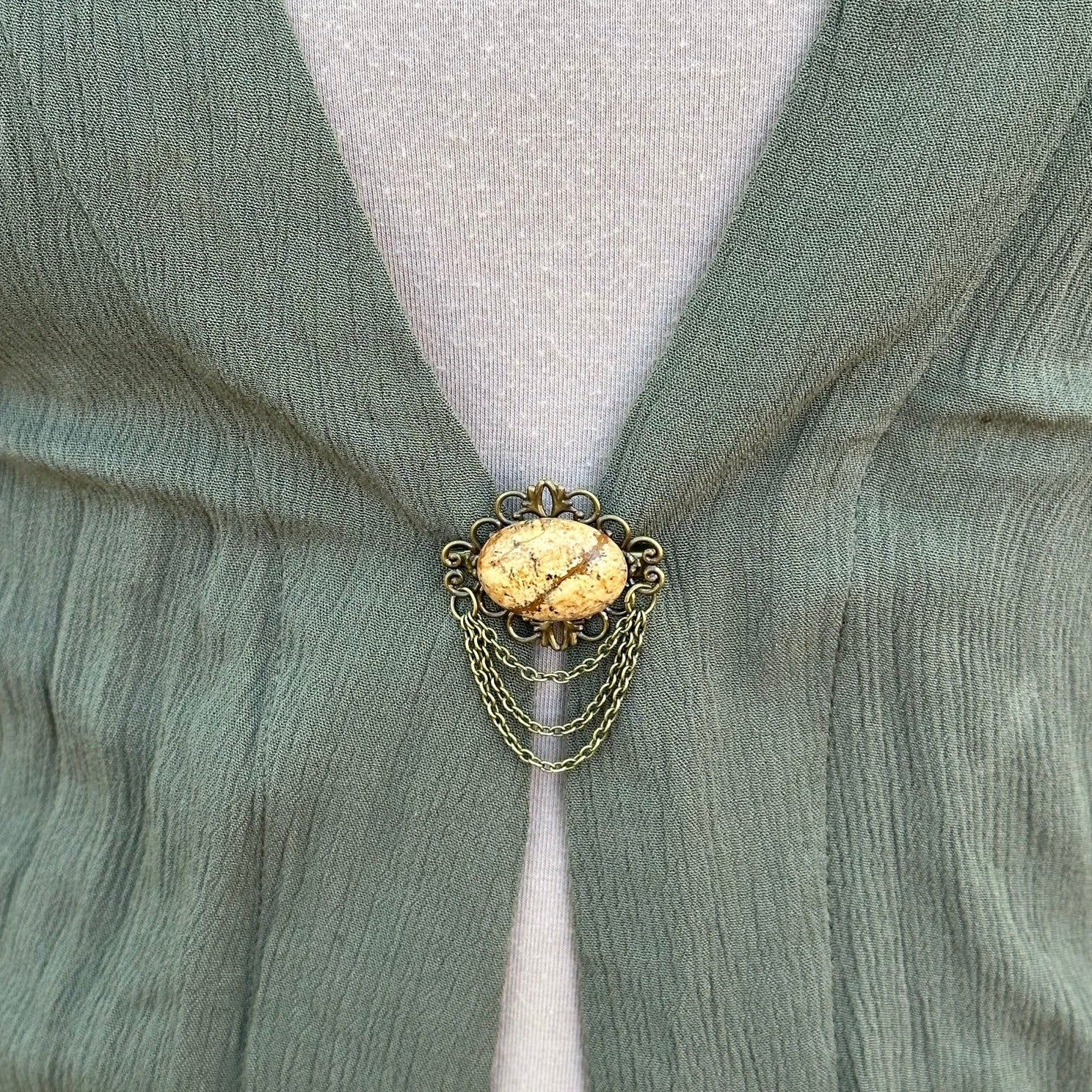 KardiPin - Sandstone & Bronze Brooch w/ Chain Drape