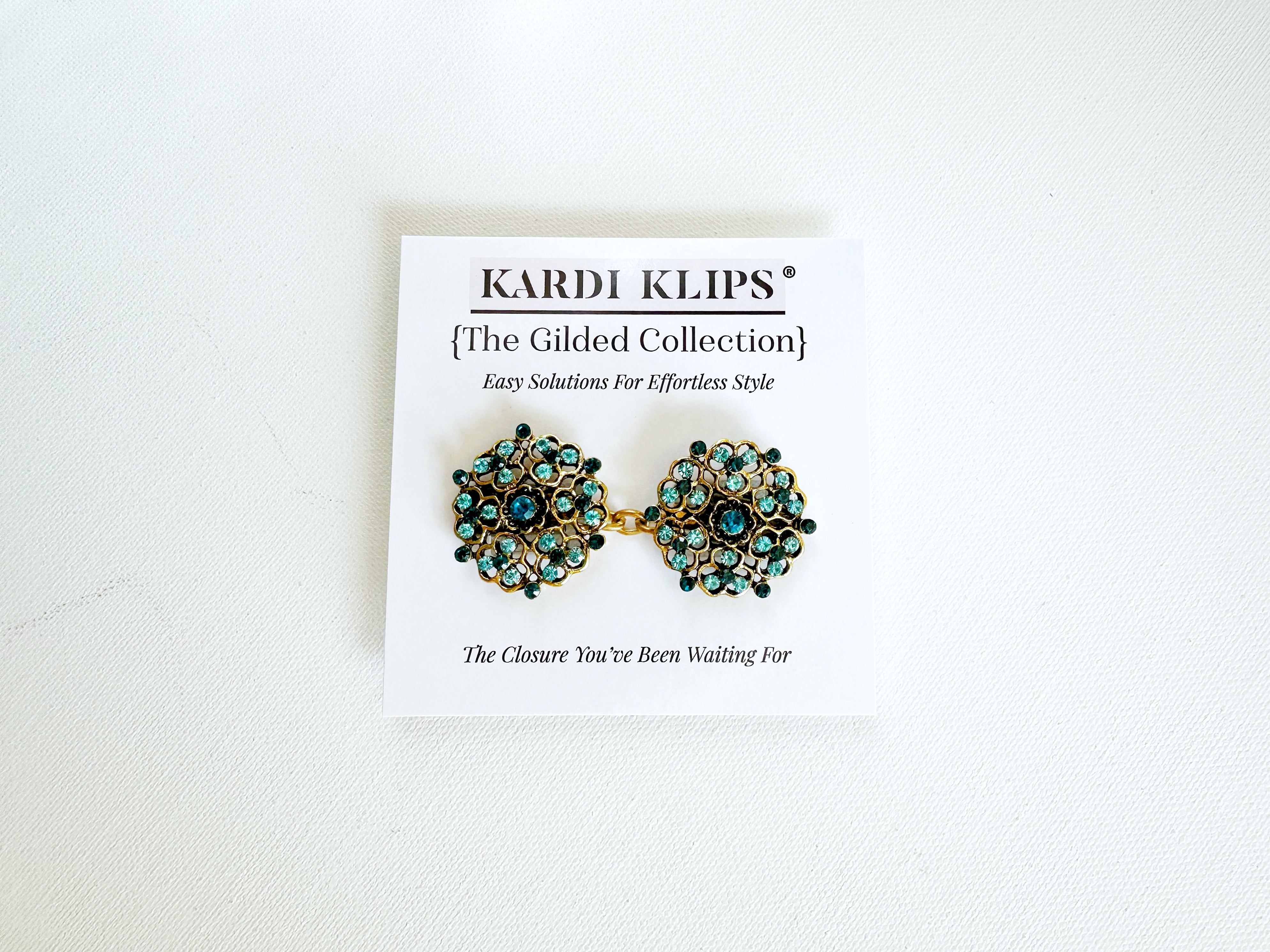 Gold with Blue Stones Art Nouveau Cinch Clip for Dresses, Sweaters