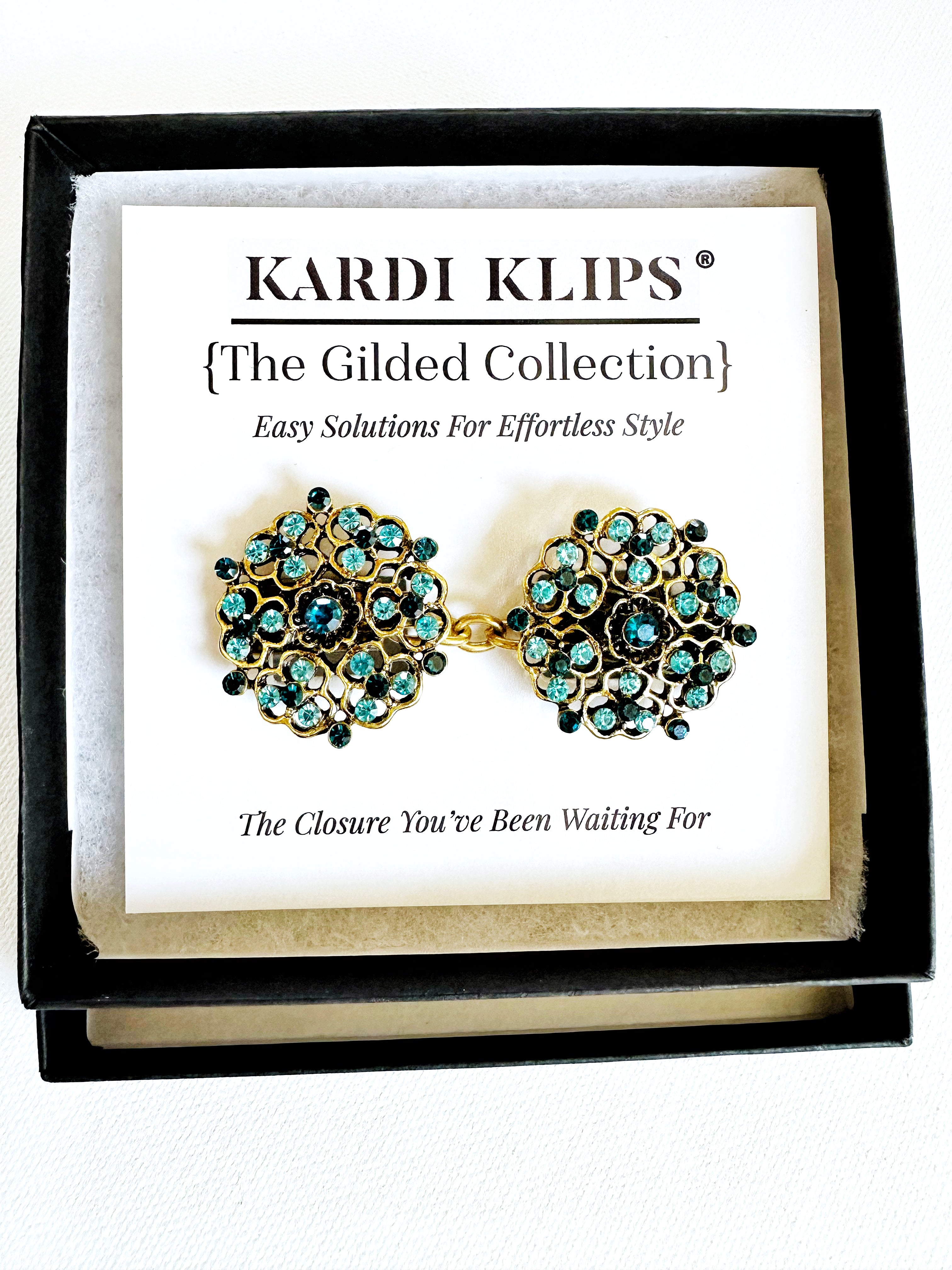 Gold with Blue Stones Art Nouveau Cinch Clip for Dresses, Sweaters