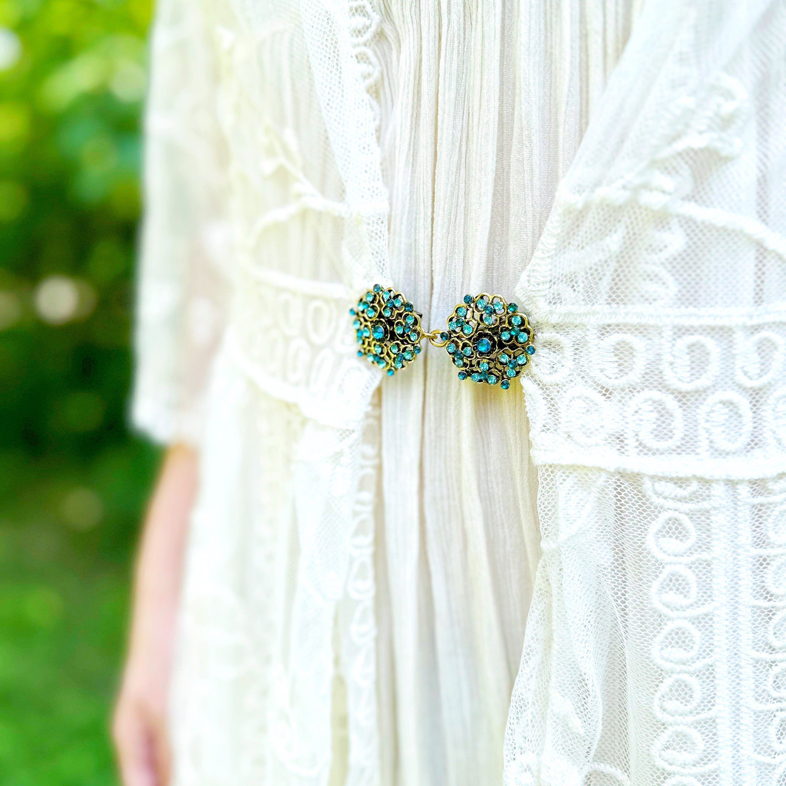 Gold with Blue Stones Art Nouveau Cinch Clip for Dresses, Sweaters